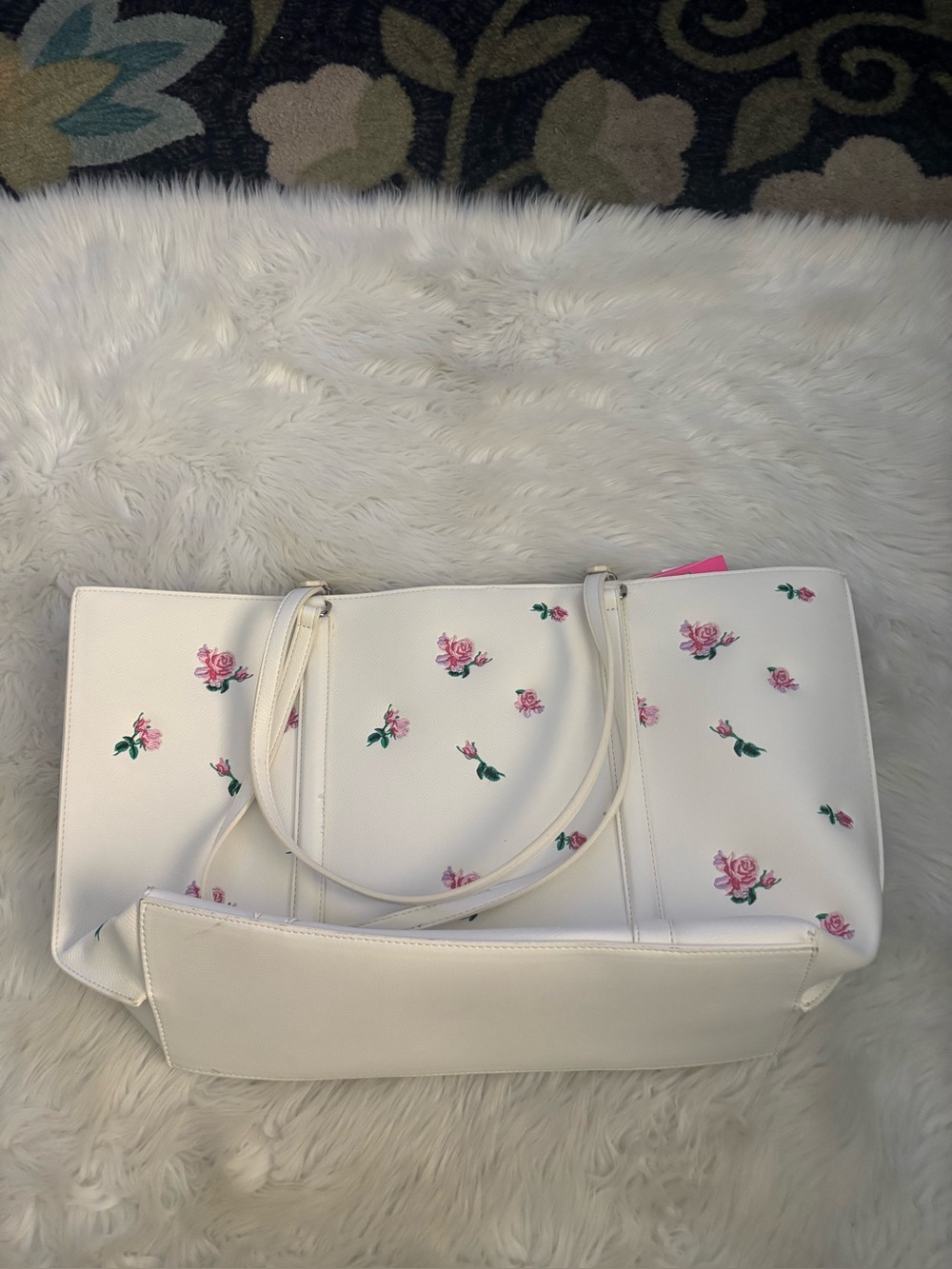 Betsey Johnson White Tote with Pink Rose Print